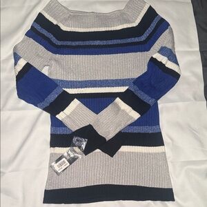 INC International Concepts Off-the-Shoulder Sweater in Blue and Gray